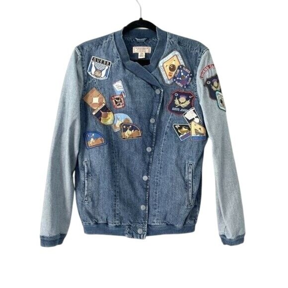 GUESS Originals Size M Asymmetric Denim Patchwork Bomber Jacket Jean - Picture 5 of 13